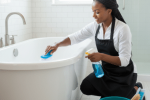 A woman cleans a sleek white bathtub in a bright, modern bathroom, focused and calm as blue cleaning tools stand out against the crisp white space.