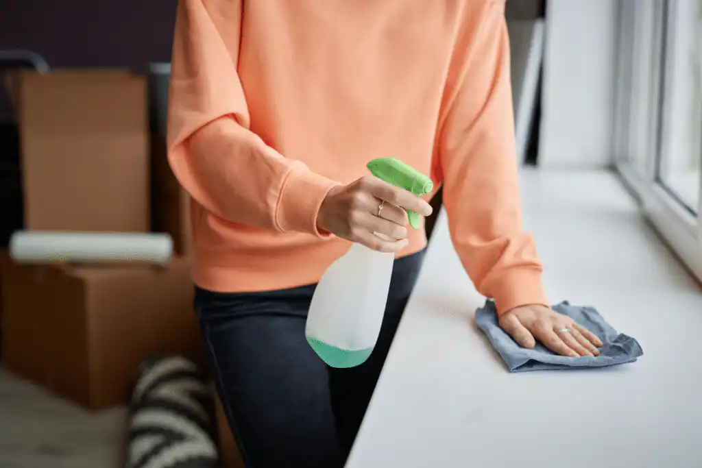 Homeowner cleaning a smooth surface with disinfectant in promoting a neat living space.